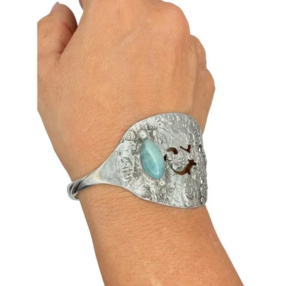 Vintage Silverware Cuff Bracelet with Larimar Stone | Wildwood Pattern 1958 - Picture 1 of 15